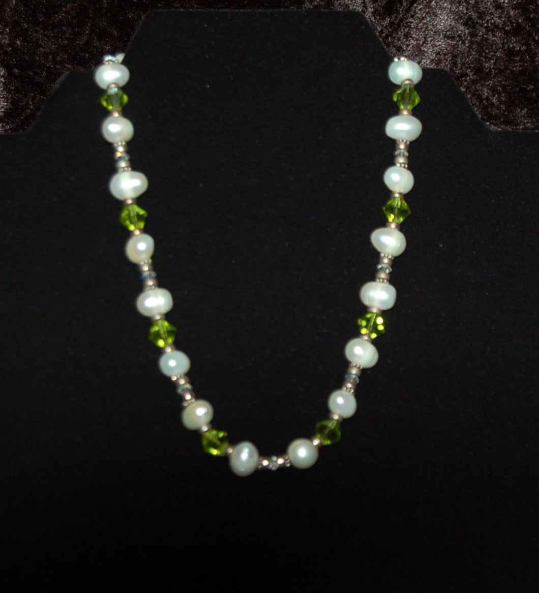 Necklace Water Pearls & Green Crystals/Sterling Silver Beaded Necklace
