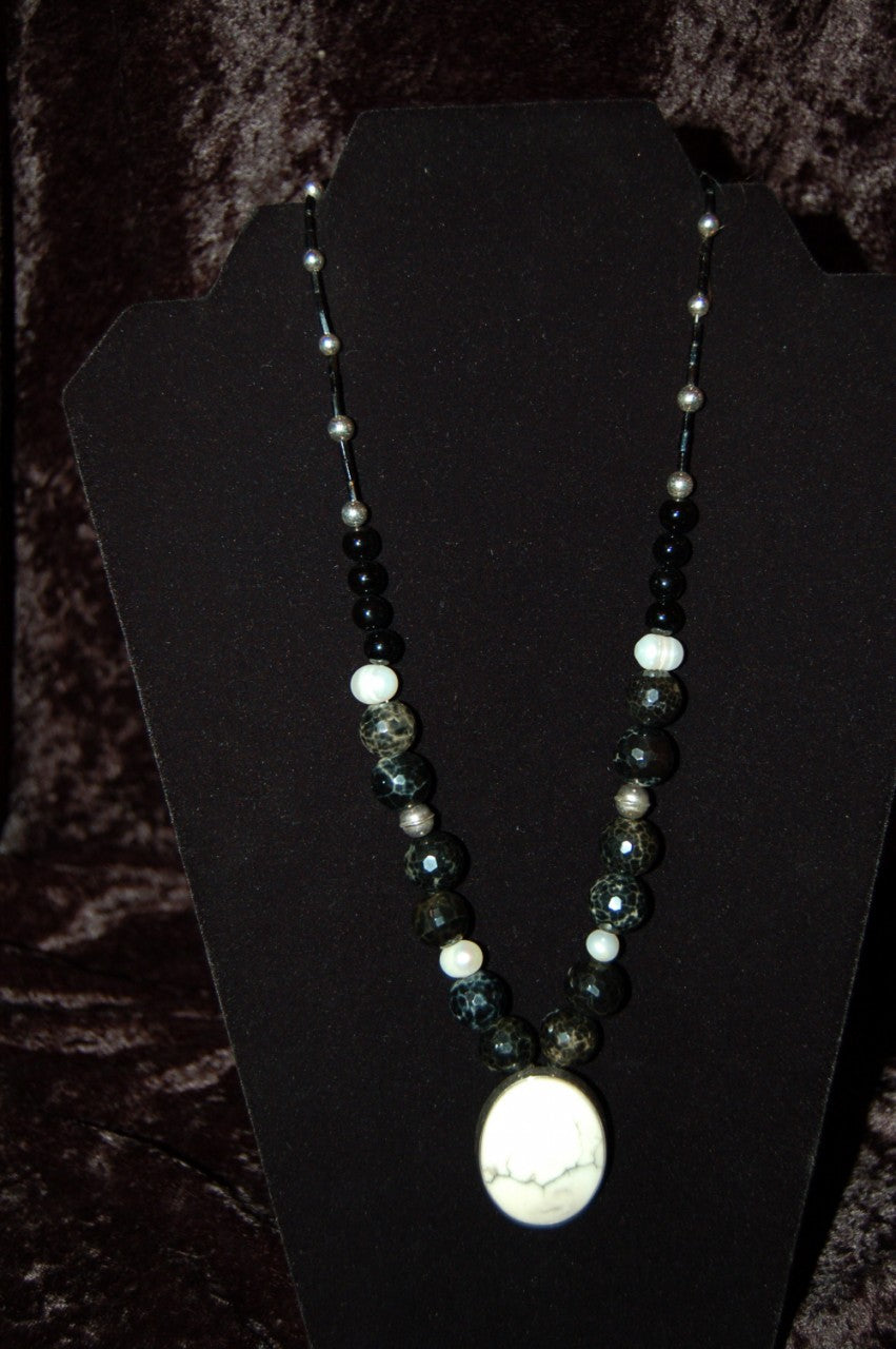 Sterling Silver Necklace w/White Bone Pendant, Black Beads and Water Pearls