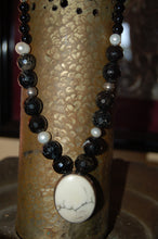 Load image into Gallery viewer, Sterling Silver Necklace w/White Bone Pendant, Black Beads and Water Pearls
