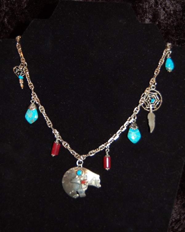 Necklace Sterling Silver bear & various southwestern turquoise beads and charms