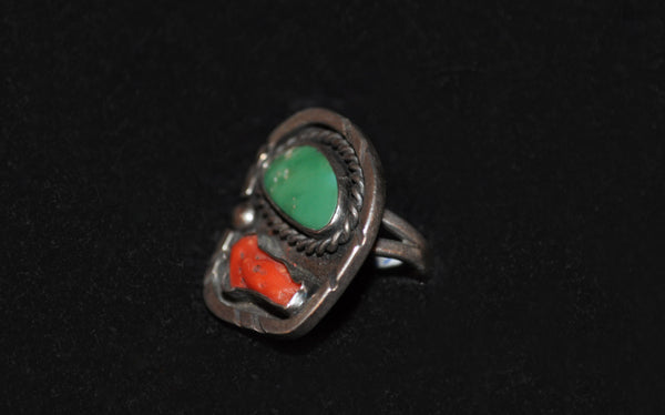 Turquoise & Coral Sterling Silver Ring