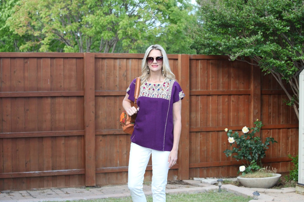 Purple Mexican Top with Embroidery