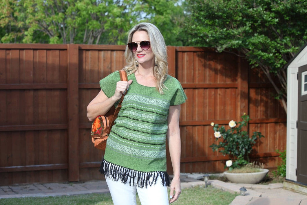 Green with tan/black stitching Mexican Top with Fringe
