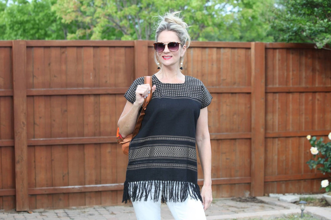 Black with gold stitching Mexican Top with Fringe