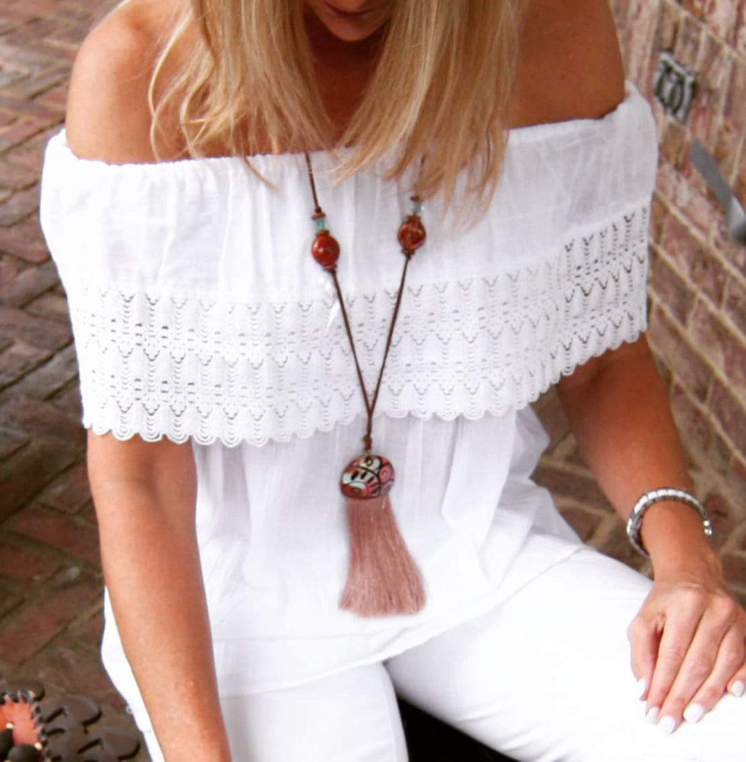 Off the Shoulder White Ruffle Top