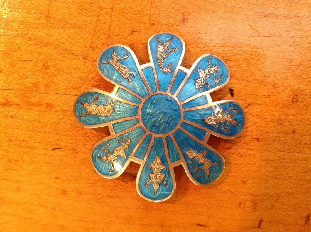 sterling Silver pin with turquoise indonesian dancing figures
