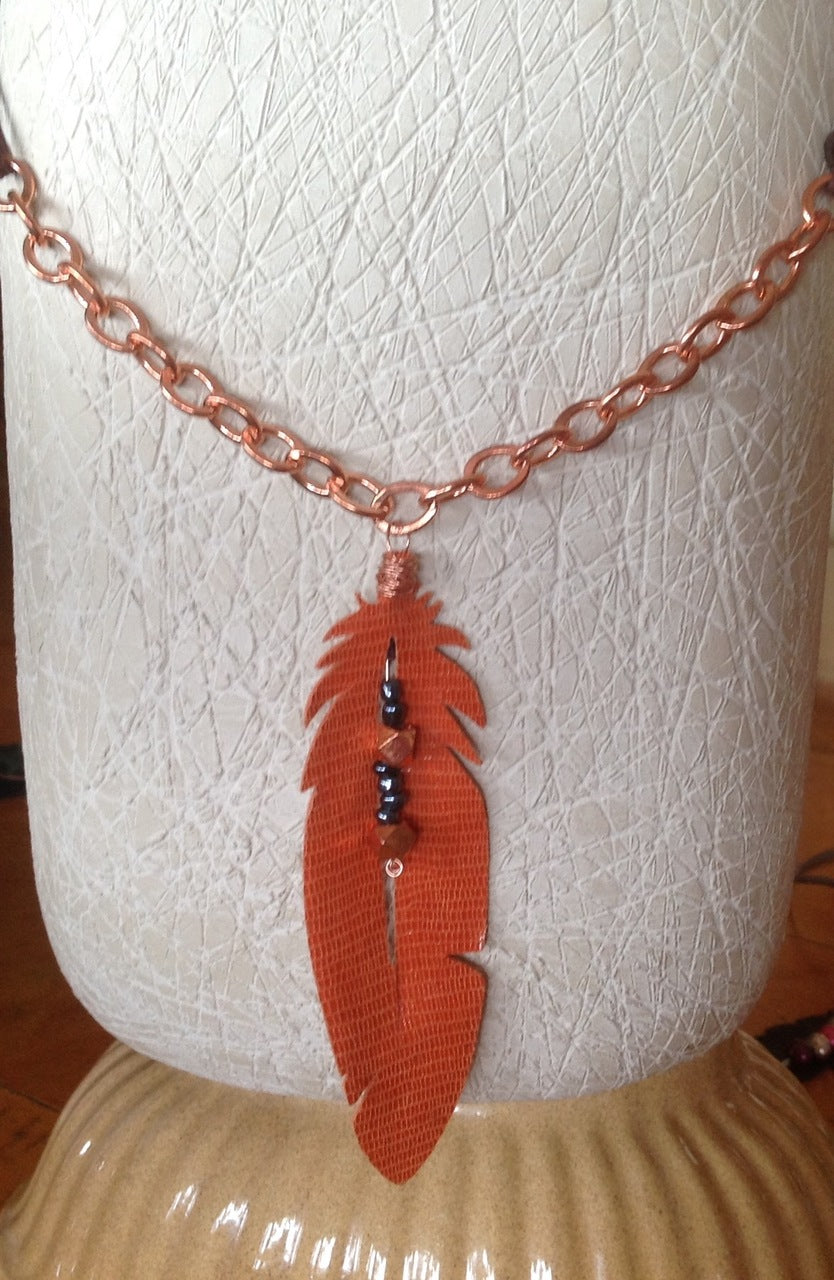 feather leather and beads necklace